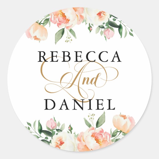 Romantic Blush Pink Peonies Floral Country Wedding Classic Round Sticker (Front)