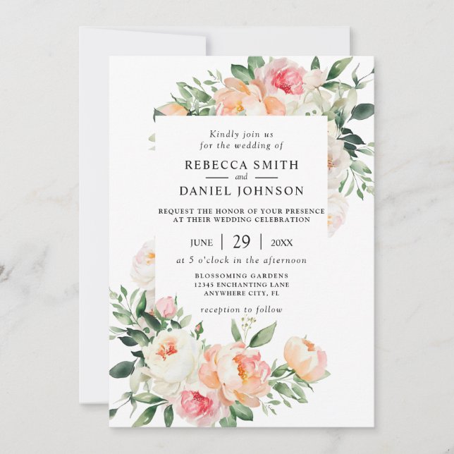 Romantic Blush Pink Peonies Floral Country Wedding Invitation (Front)