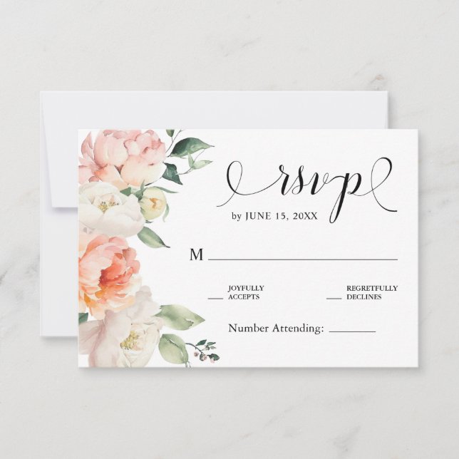 Romantic Blush Pink Peonies Floral Country Wedding RSVP Card (Front)