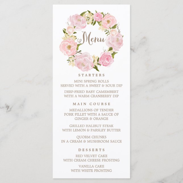 Romantic Blush Pink Peonies Wreath Menu Card (Front)