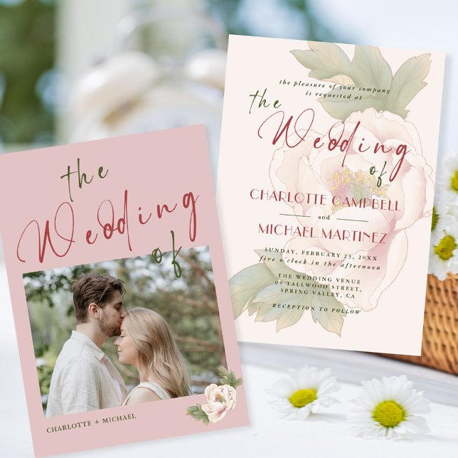 Romantic Blush Pink Peony Floral Photo Wedding Invitation (Creator Uploaded)