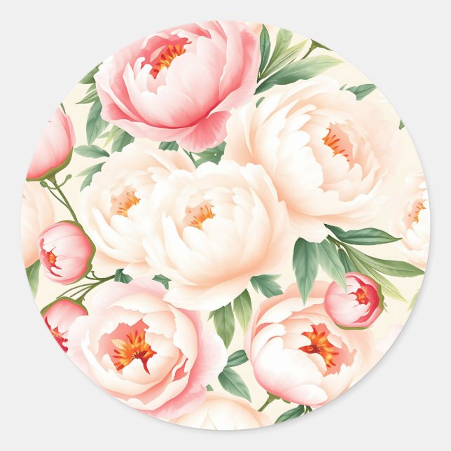 Romantic Blush Pink Peony Pattern Classic Round Sticker (Front)