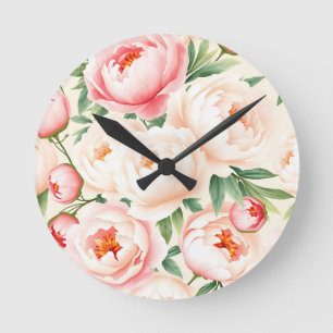 Romantic Blush Pink Peony Pattern Round Clock