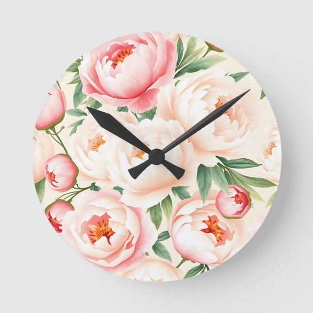 Romantic Blush Pink Peony Pattern Round Clock (Front)