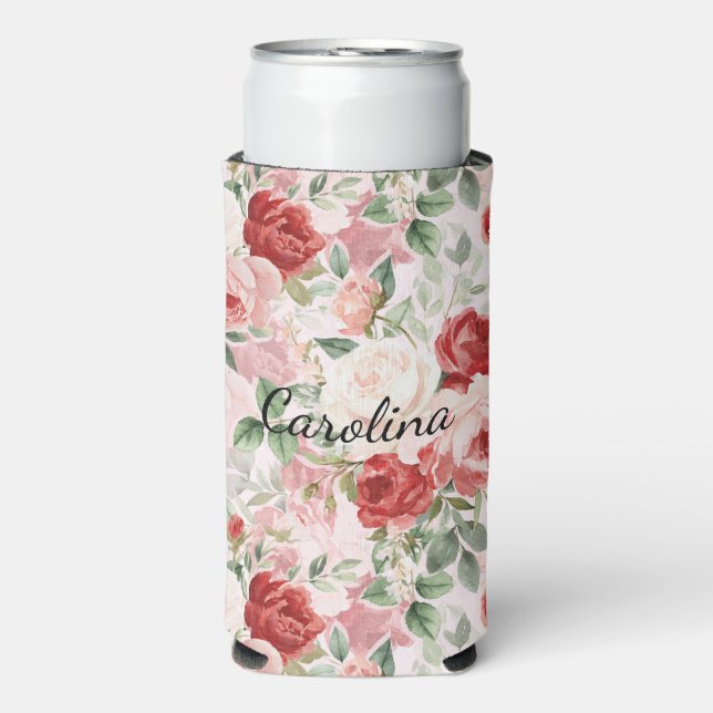 Romantic Blush Pink Red Roses Floral Seltzer Can Cooler (Seltzer Front)
