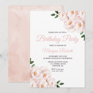 Romantic Blush Pink Rose Birthday Party Invitation