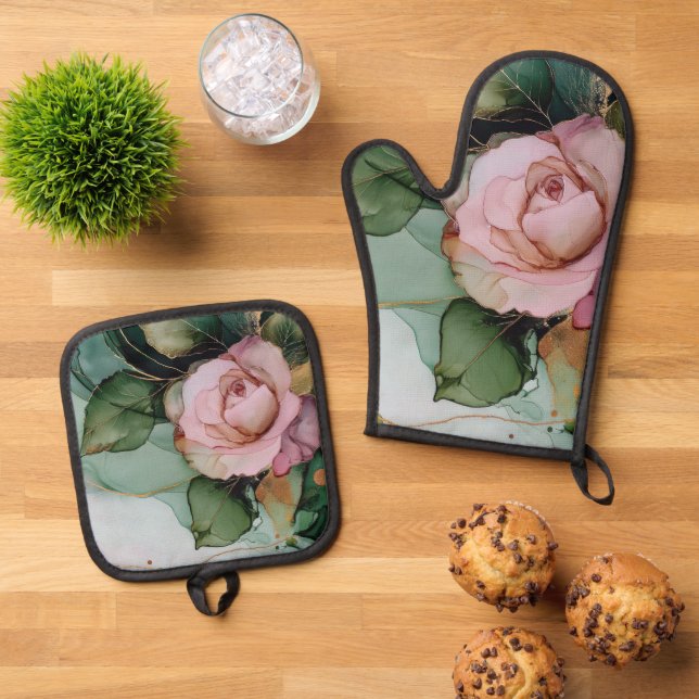 Romantic Blush Pink Rose Floral Bridal shower Oven Mitt & Pot Holder Set (Top Down)