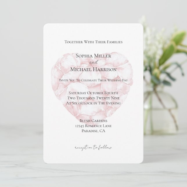 Romantic Blush Pink Rose Petals Heart Wedding Invitation (Standing Front)