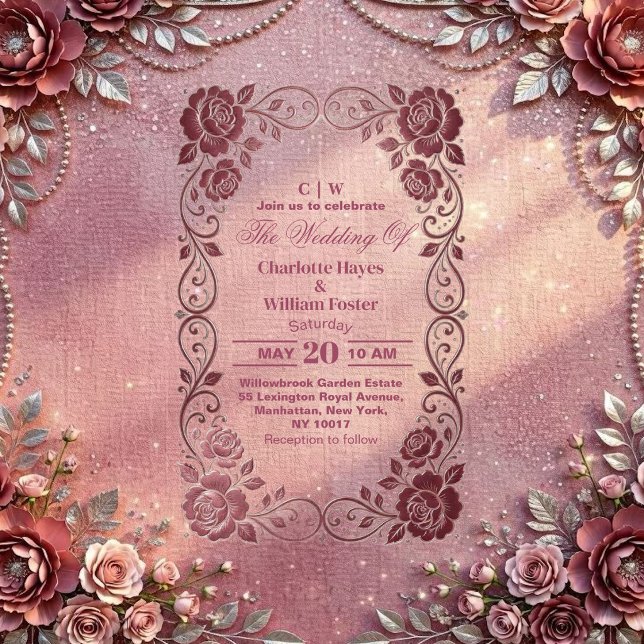 Romantic Blush Pink Rose Silver Floral Wedding  Acrylic Invitations (Romantic Blush Pink Rose Silver Floral Wedding Acrylic Invitations)
