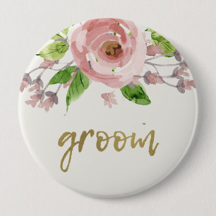 ROMANTIC BLUSH PINK ROSE WATERCOLOR FLORAL GROOM 10 CM ROUND BADGE