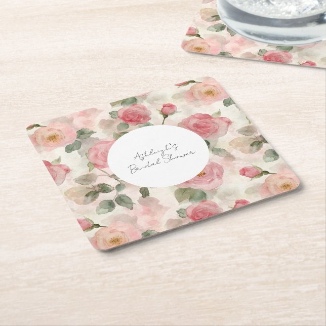 Romantic Blush Pink Roses Floral Bridal Shower Square Paper Coaster (Angled)