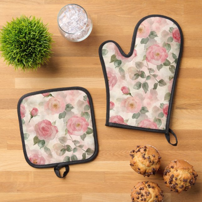 Romantic Blush Pink Roses Floral  Oven Mitt & Pot Holder Set (Top Down)
