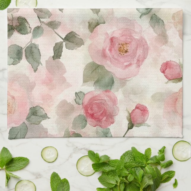 Romantic Blush Pink Roses Floral  Tea Towel (Folded)
