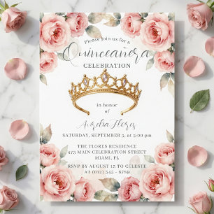 Romantic Blush Pink Roses Gold Tiara Quinceanera Invitation