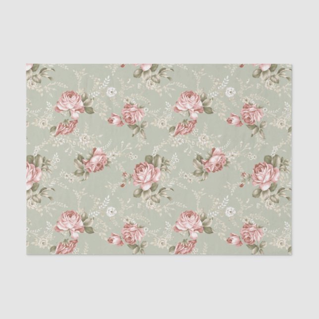 Romantic Blush Pink Roses - Sage Green Background Tissue Paper (Front)