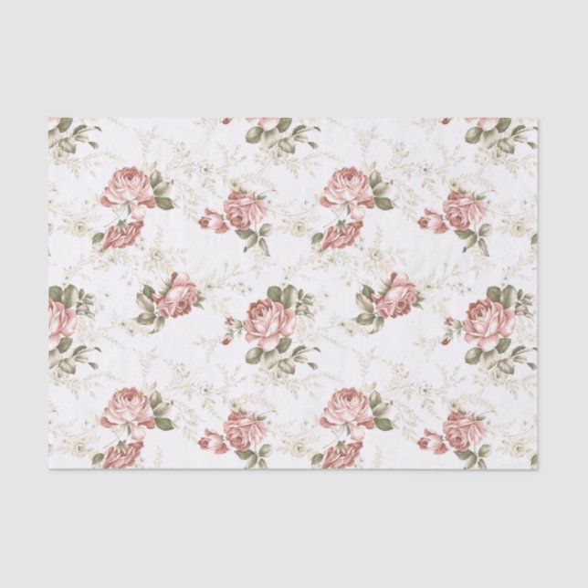 Romantic Blush Pink Roses - White Background Tissue Paper (Front)