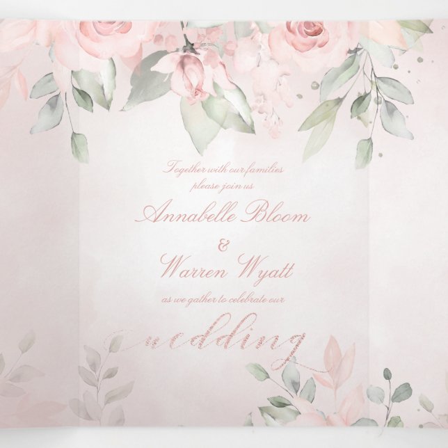 Romantic Blush Pink Secret Garden Roses Wedding Tri-Fold Card (Inside Middle)
