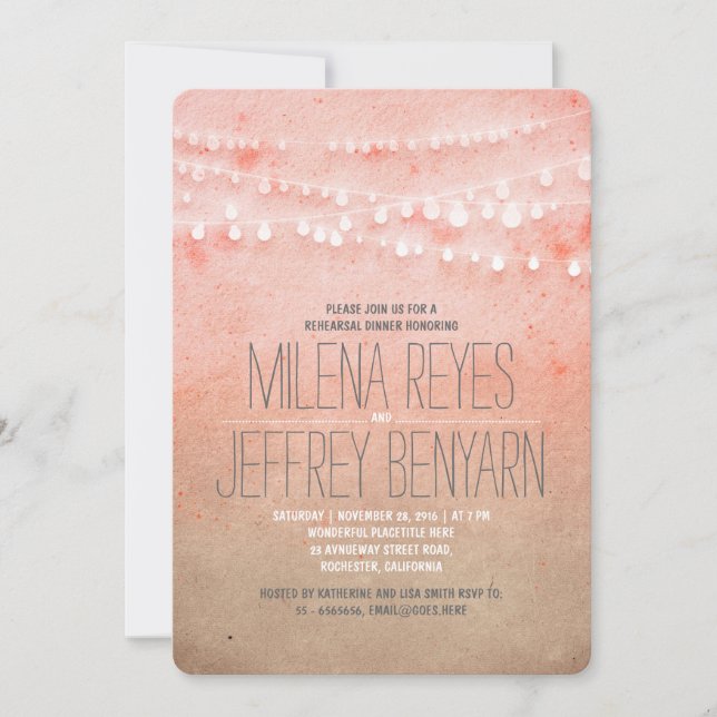 Romantic Blush Pink String Lights Rehearsal Dinner Invitation (Front)