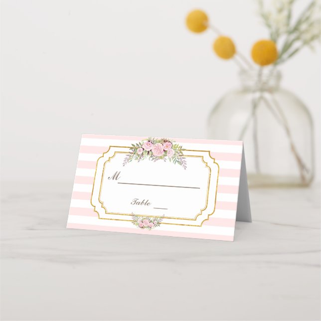 Romantic Blush Pink Stripes Floral Table Number Place Card (Front)