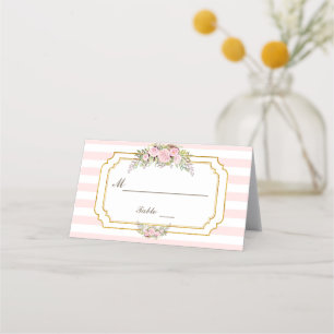 Romantic Blush Pink Stripes Floral Table Number Place Card