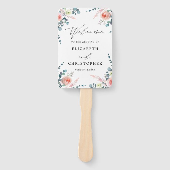 Romantic Blush Pink & White Floral Wedding Welcome Hand Fan (Front)