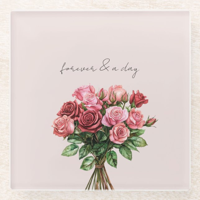 Romantic Blush Red Pink Roses Floral Wedding Glass Coaster (Front)