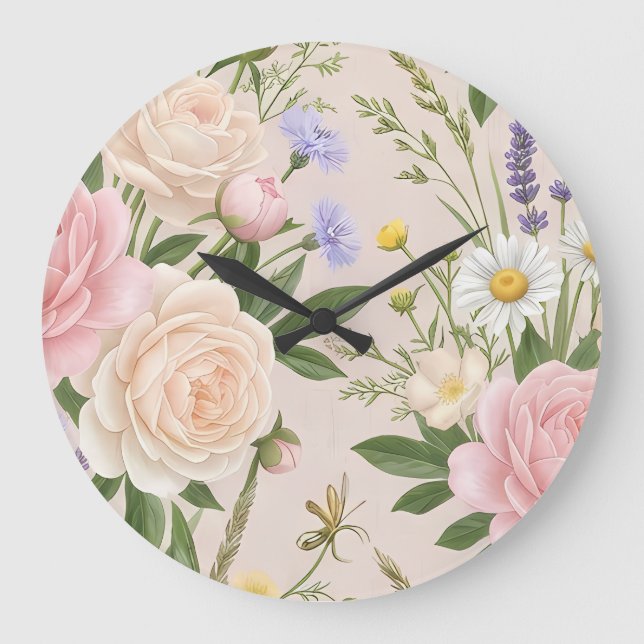Romantic Blush Rose Garden Floral Pattern Large Clock (Front)