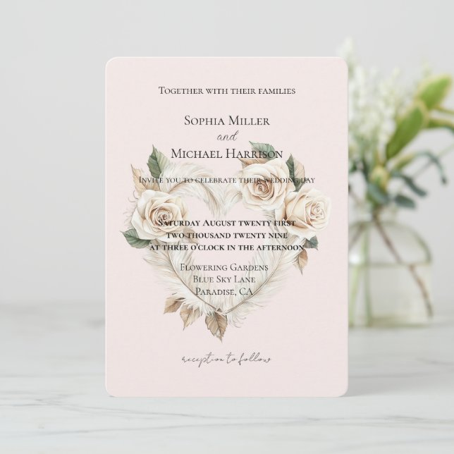 Romantic Blush Roses Feathers Floral Heart Wedding Invitation (Standing Front)