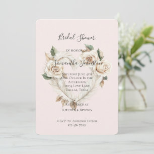 Romantic Blush Roses Feathers Heart Bridal Shower Invitation