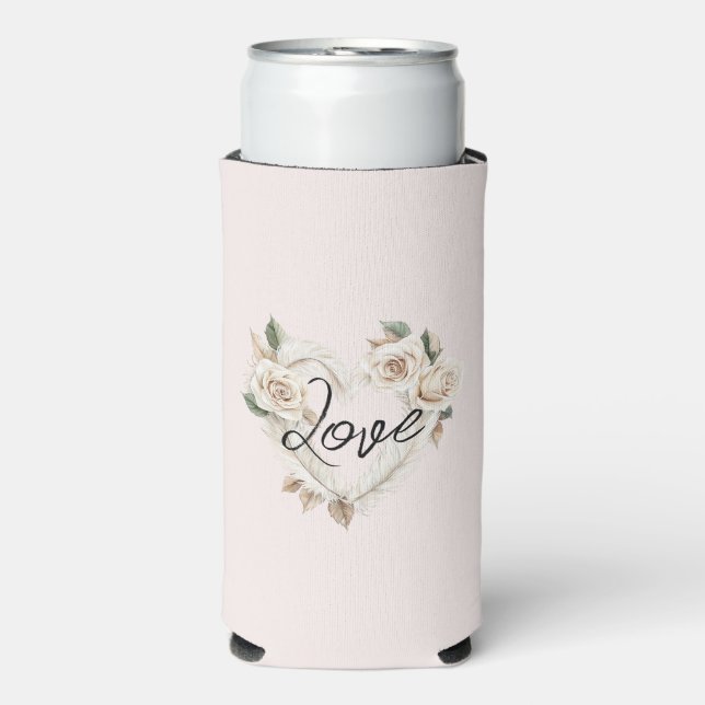 Romantic Blush Roses Feathers Heart Love Seltzer Can Cooler (Seltzer Front)