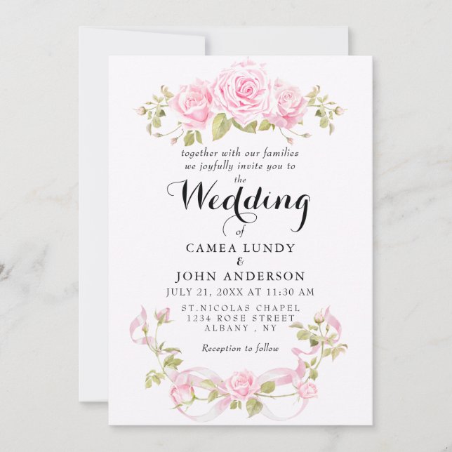 Romantic Blush Roses & Pink Bow Wedding Invitation (Front)