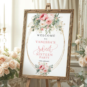Romantic Blush Roses Sweet 16 Welcome Poster