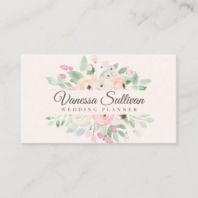 Romantic Blush Watercolor Floral Business Cards (Front)