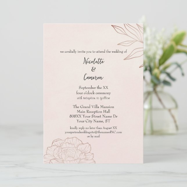 Romantic Blush Wedding Minimalist Peony Invitation (Standing Front)
