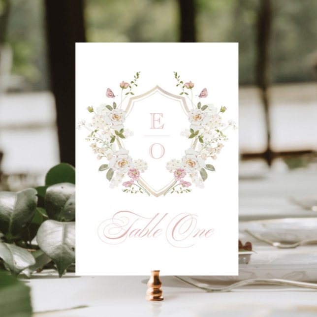 Romantic Blush White Monogram Crest Table Number (Creator Uploaded)