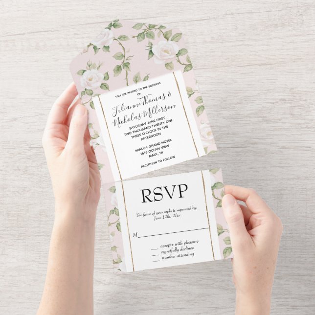 Romantic Blush White Pink Floral Wedding All In One Invitation (Tearaway)