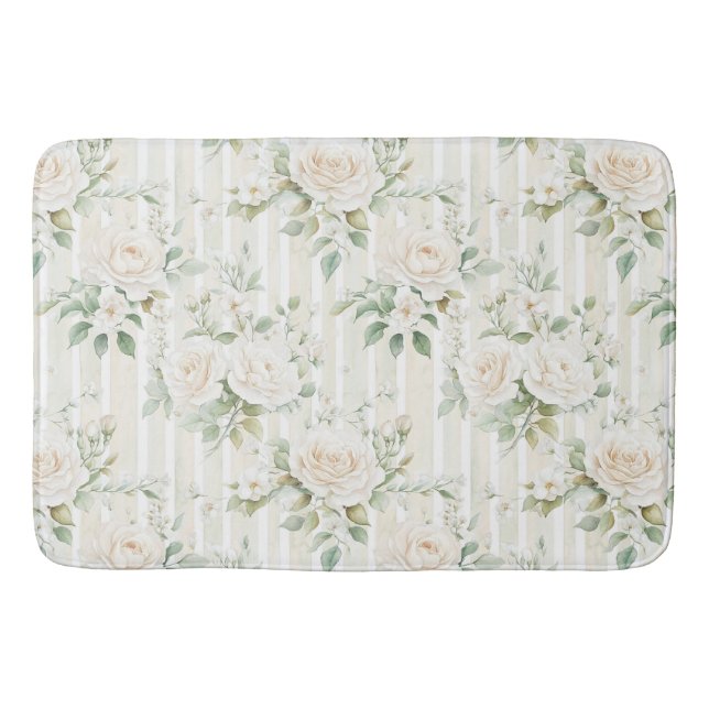Romantic Blush White Roses Floral Stripes   Bath Mat (Front)