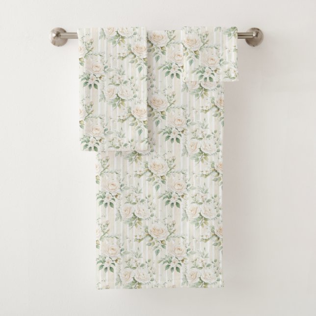 Romantic Blush White Roses Floral Stripes   Bath Towel Set (Insitu)