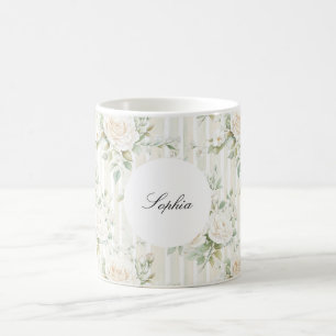 Romantic Blush White Roses Floral Stripes Coffee Mug
