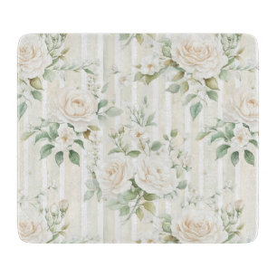 Romantic Blush White Roses Floral Stripes   Cutting Board