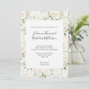 Romantic Blush White Roses Floral Stripes Wedding Invitation