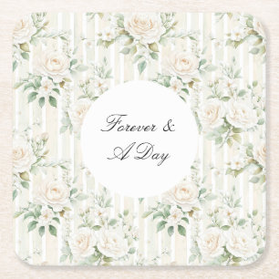 Romantic Blush White Roses Floral Stripes Wedding Square Paper Coaster