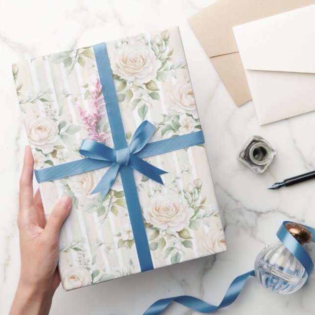 Romantic Blush White Roses Floral Stripes Wedding Wrapping Paper (Gifting)