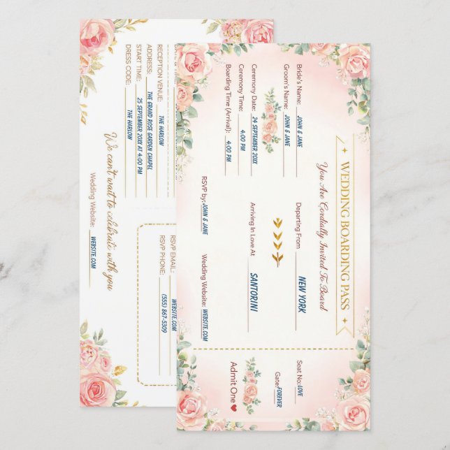 Romantic Boarding Pass Wedding Invite Customisable (Front/Back)