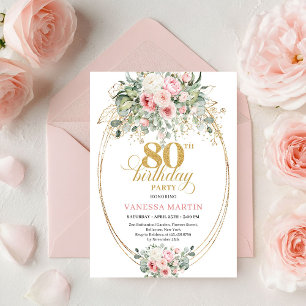 Romantic Bohemian Blush Floral Gold 80th Birthday Invitation