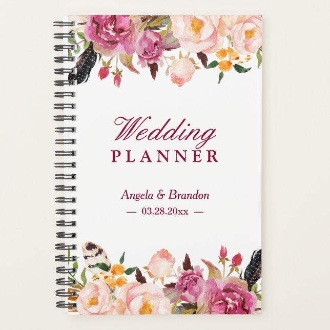 Romantic Bohemian Boho Floral Feather Wedding Planner (Front)