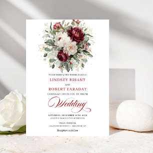 Romantic Bohemian Burgundy White Floral Wedding  Invitation