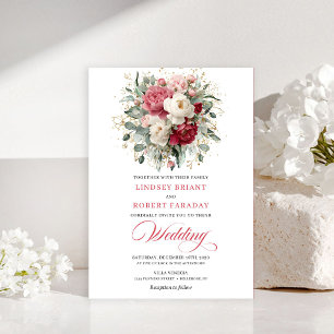 Romantic Bohemian Crimson Red White Gold Invites