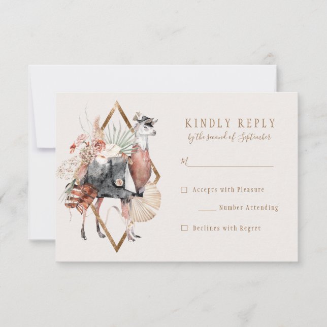 Romantic Bohemian Llama Wedding RSVP Reply (Front)