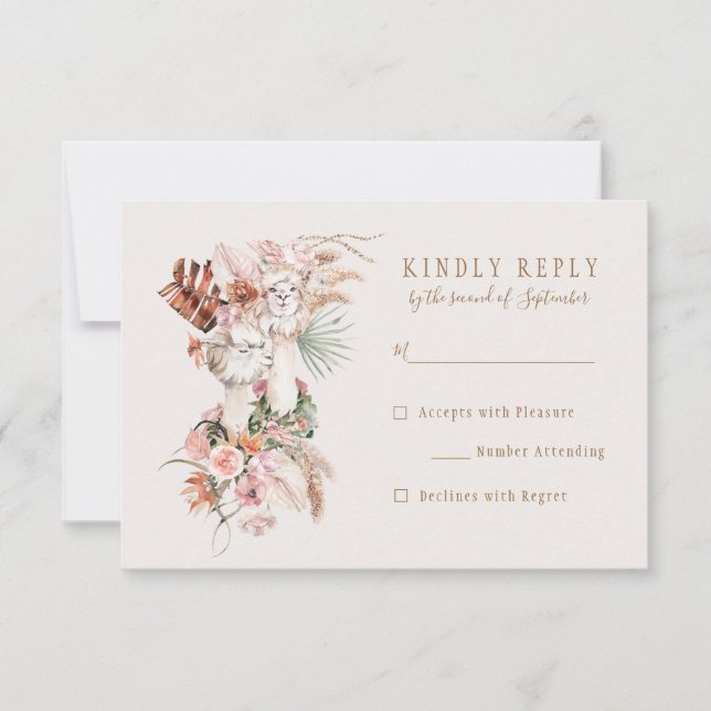 Romantic Bohemian Llama Wedding RSVP Reply Card (Front)